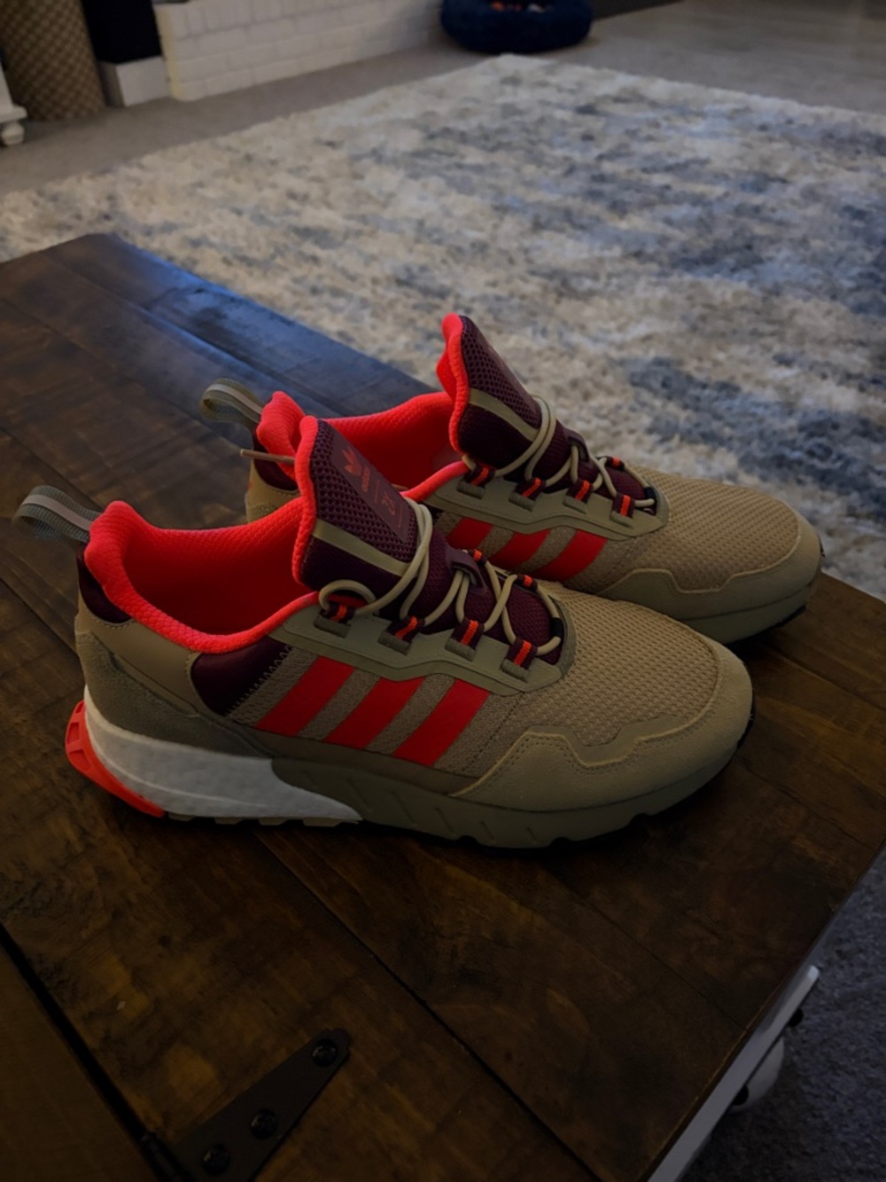 adidas Khaki Sneakers with Neon Red Accents